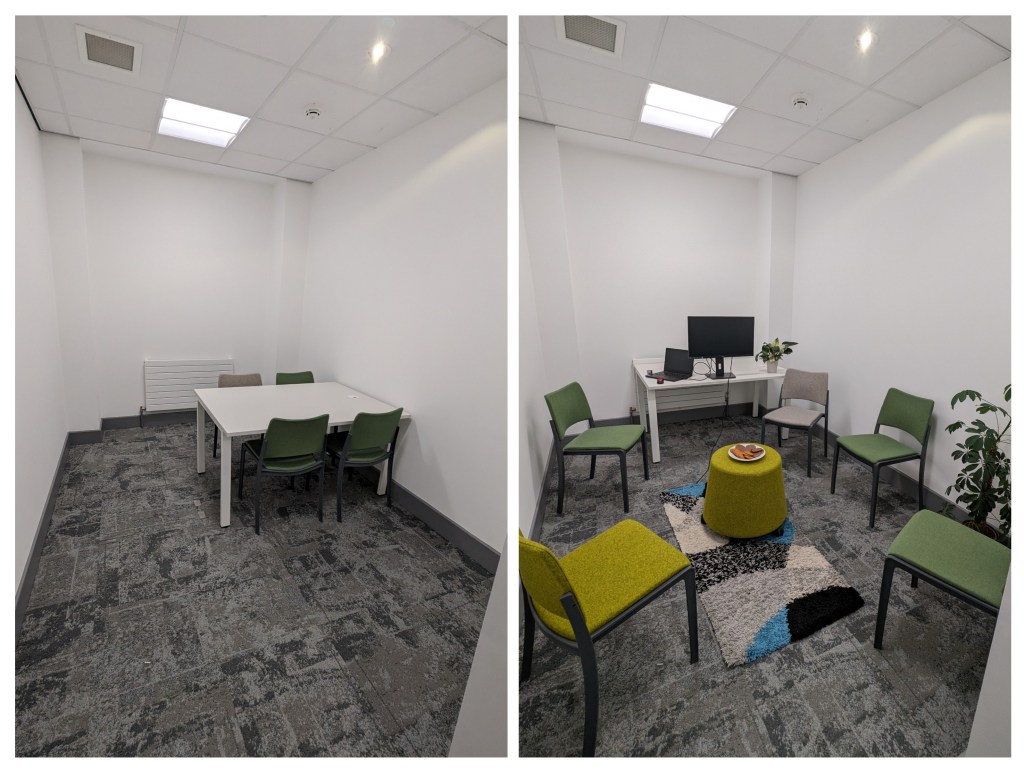 Two photographs of the same room. In the first photo, the room has a table with four chairs around it. There is no no colour in the room and no natural objects. In the second photo, the chairs are in a circle, with the table pushed out of the way at the far end of the room. There are plants, a rug and colourful furniture.