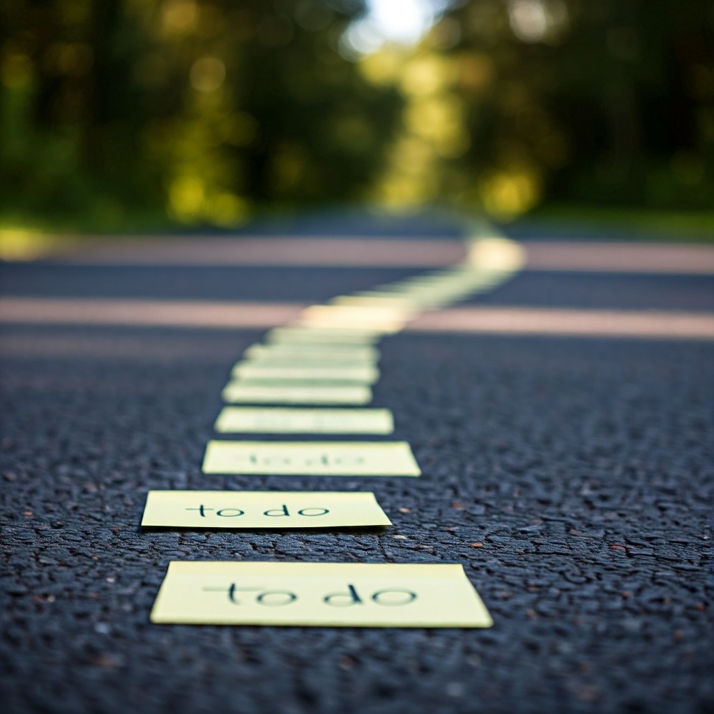 Image of post it notes going into the distance on a road all saying "to do"